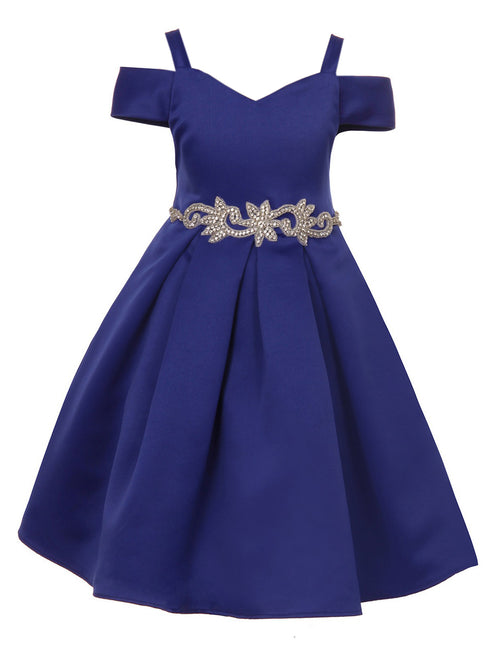 Satin Flower Girl Dress with Cold Shoulder and Pleated Skirt, Sizes 2-14 - SophiasStyle.com
